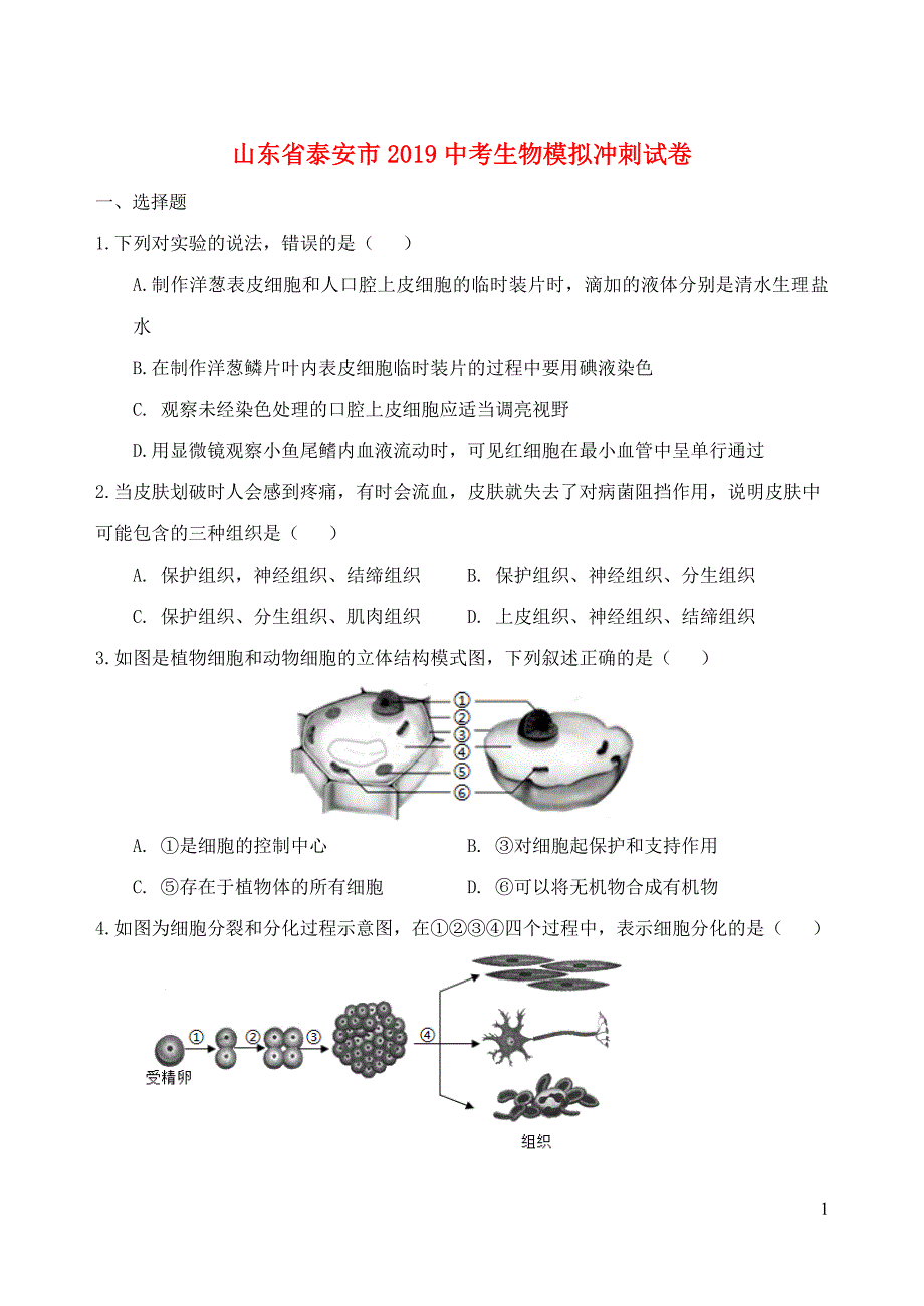 山东省泰安市2019中考生物模拟冲刺试卷_第1页