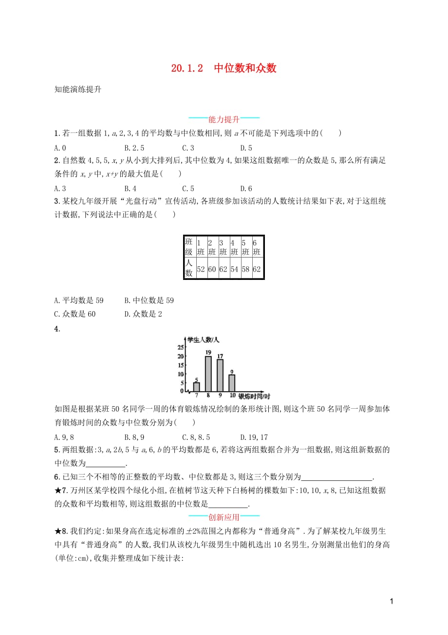 （福建专版）2019春八年级数学下册 第二十章 数据的分析 20.1 数据的集中趋势 20.1.2 中位数和众数知能演练提升 （新版）新人教版_第1页