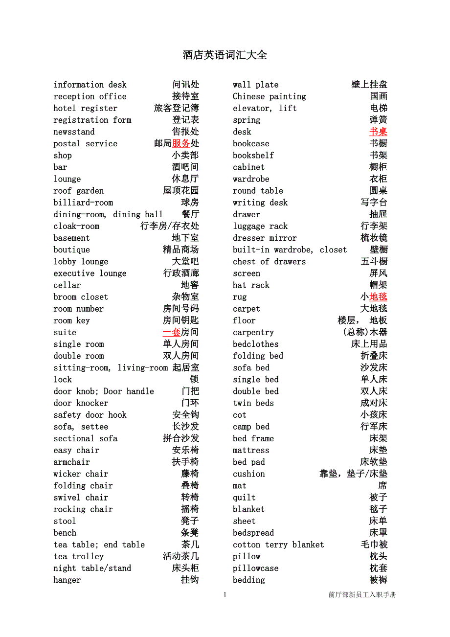 酒店英语词汇前厅客房餐饮_第1页