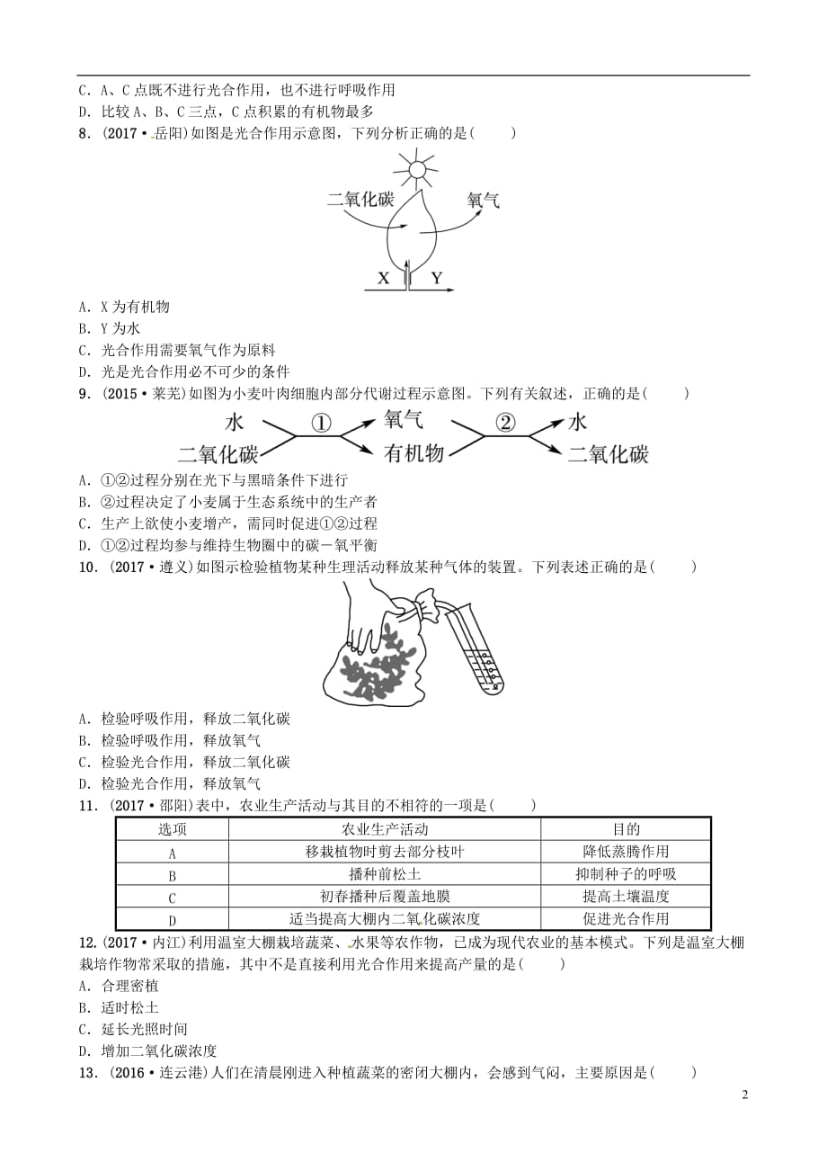 （泰安专版）2018中考生物总复习 专题四 绿色植物的三大生理作用专题演练_第2页