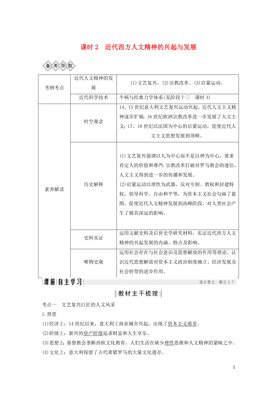 （通史版）2020版高考历史一轮复习 阶段十二 西方工业文明的曙光&mdash;&mdash;工业革命前的世界 课时2 近代西方人文精神的兴起与发展学案（含解析）岳麓版_第1页