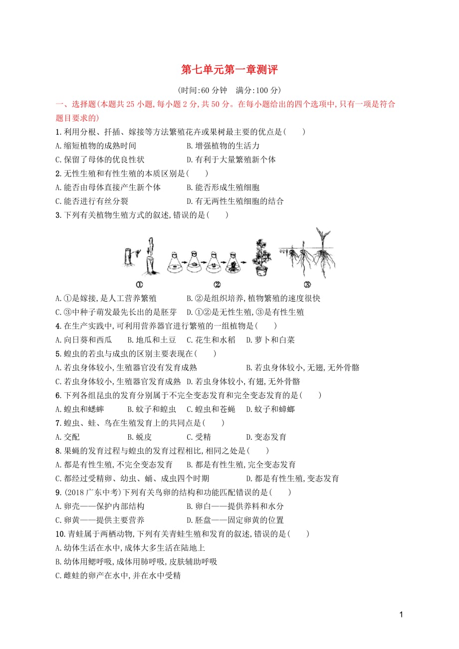 （福建专版）2019春八年级生物下册 第七单元 生物圈中生命的延续和发展 第一章 生物的生殖和发育测评 （新版）新人教版_第1页