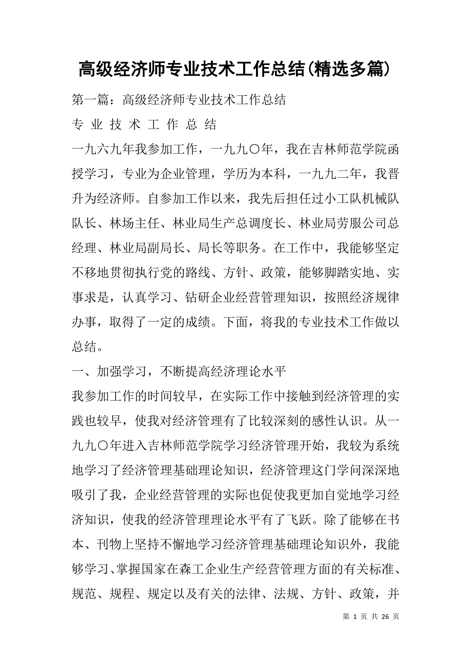 高级经济师专业技术工作总结(精选多篇).doc_第1页