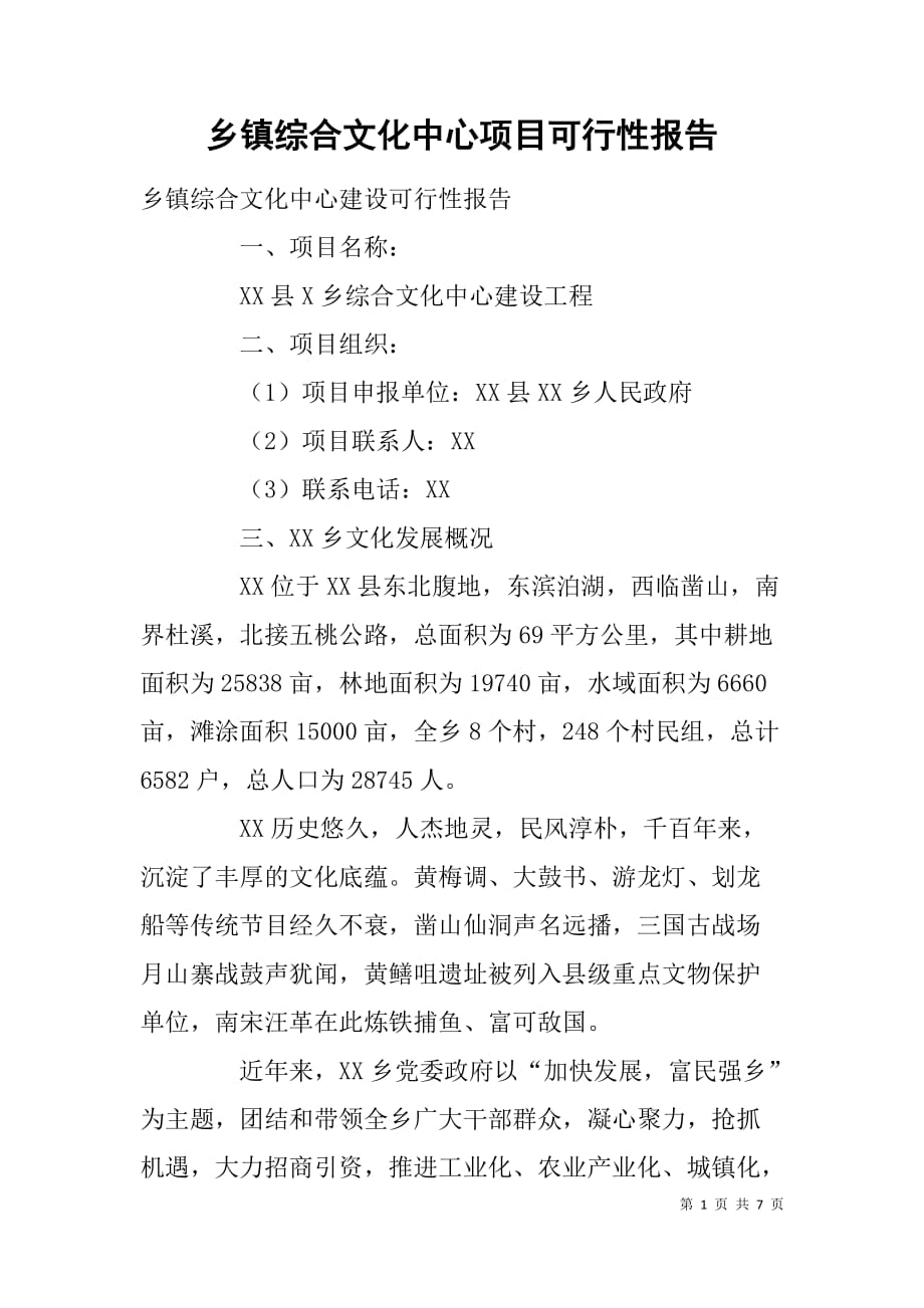 乡镇综合文化中心项目可行性报告.doc_第1页