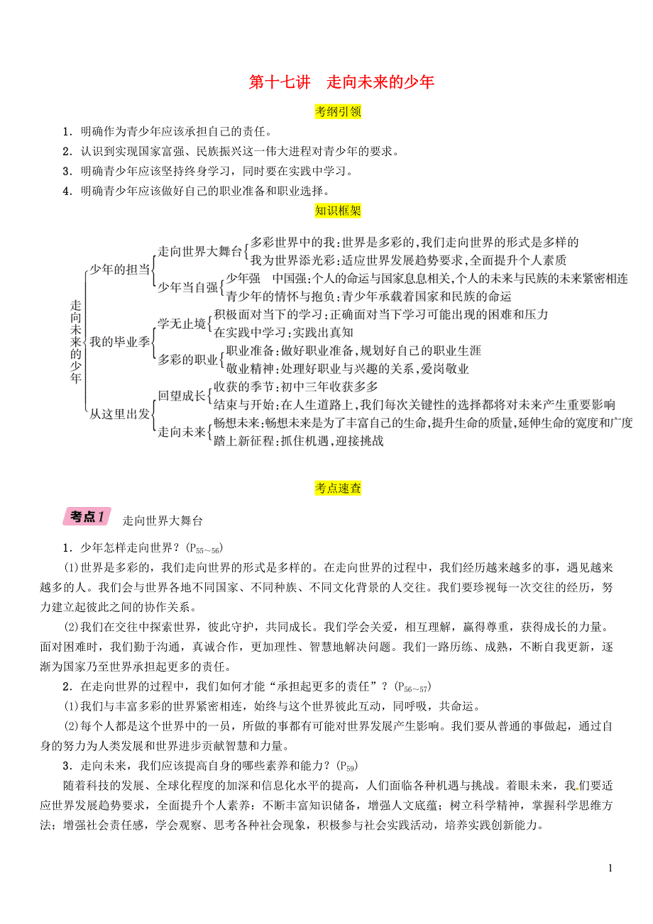 （贵阳专版）2019届中考道德与法治总复习 九下 第十七讲 走向未来的少年习题_第1页