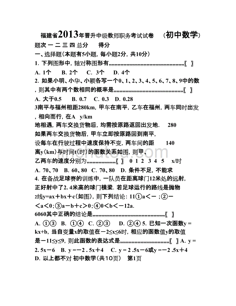 福建省教师职务晋升中级职称试卷(初中数学)_第1页