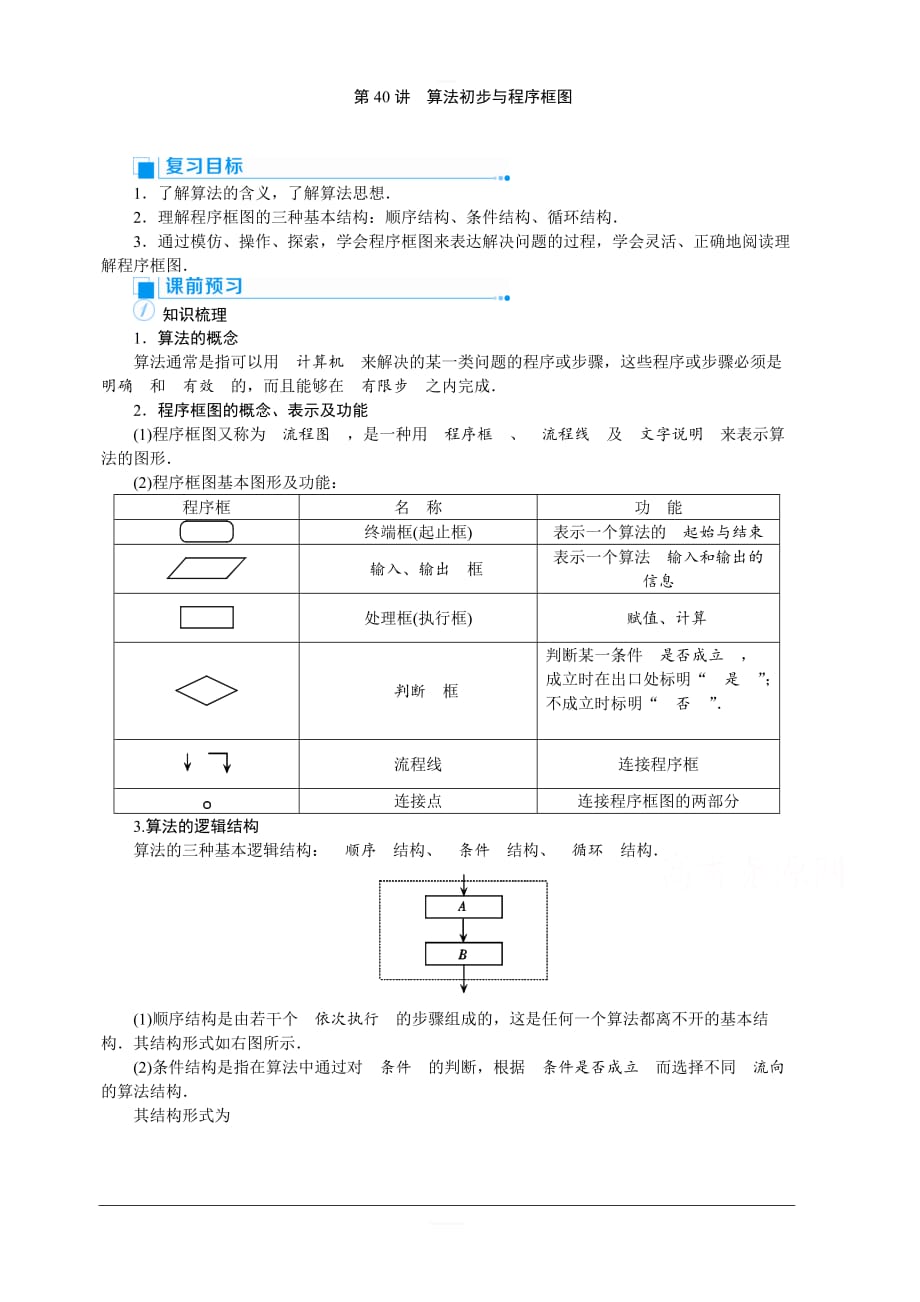 2020高考文科数学（人教版）一轮复习讲义：第40讲算法初步与程序框图含答案_第1页