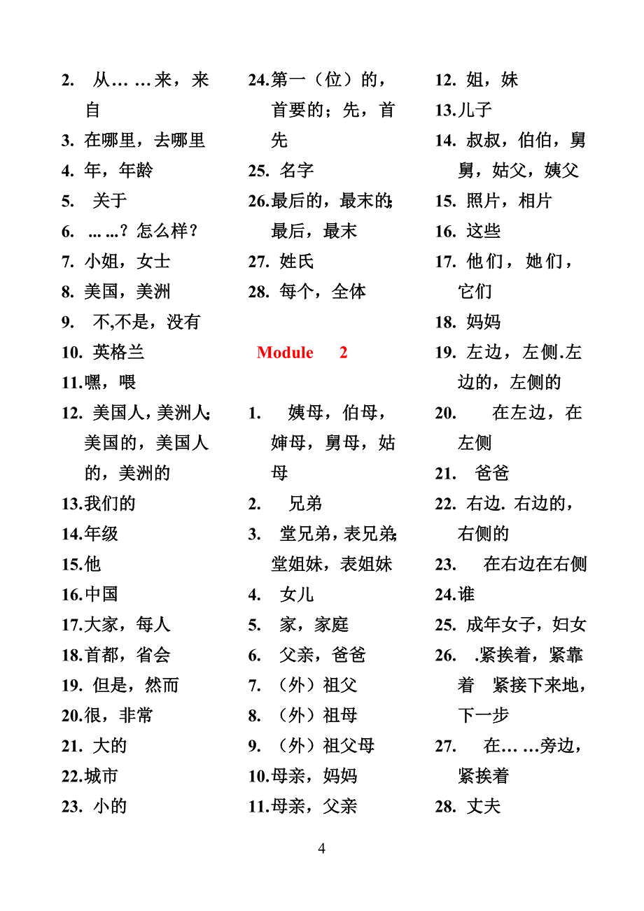 1、2012(纯汉语)外研版七年级上册英语单词表(2012年最新版).doc_第4页