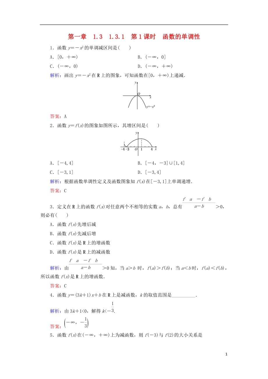 2018-2019学年高中数学 第一章 集合与函数概念 1.3 函数的基本性质 1.3.1 第1课时 函数的单调性练习 新人教a版必修1_第1页