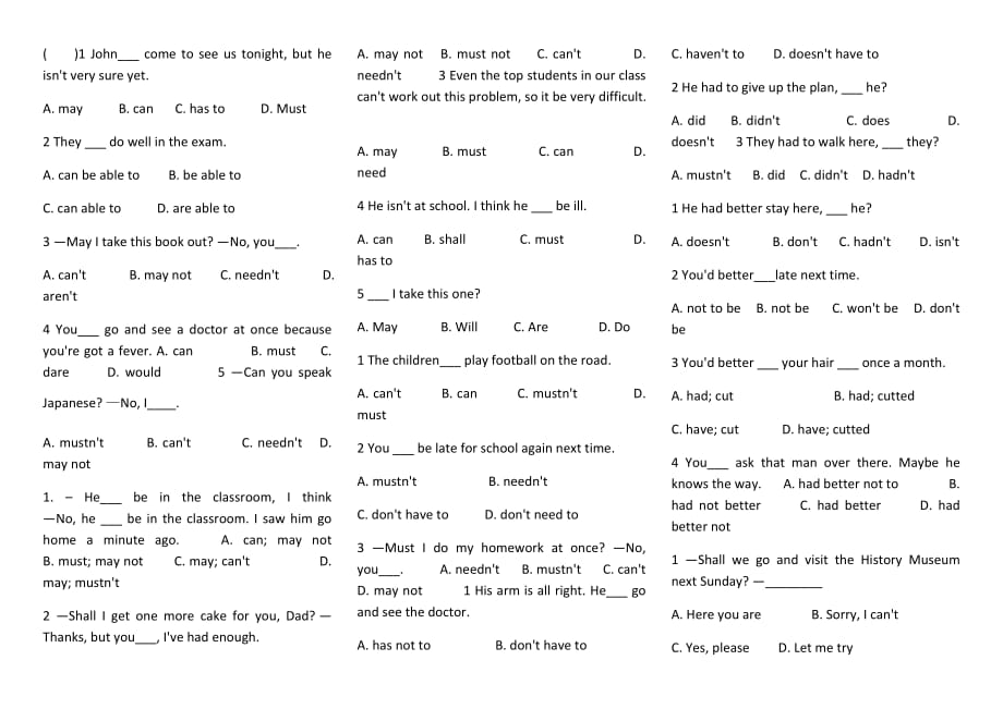 初中英语情态动词练习题及答案43011_第1页