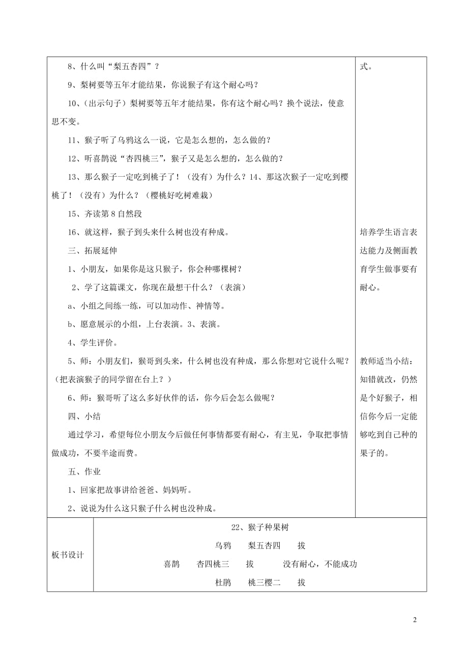 2017-2018学年二年级语文下册 第六单元 22 猴子种果树（2）教案 苏教版_第2页