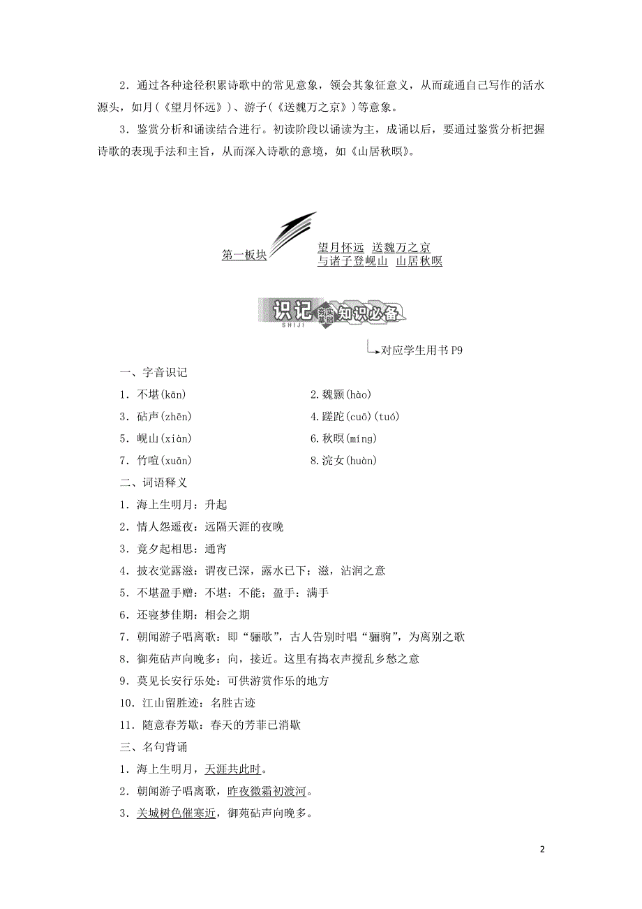 2018-2019学年高中语文 专题二 第一板块 望月怀远 送魏万之京 与诸子登岘山 山居秋暝学案 苏教版选修《唐诗宋词选读》_第2页