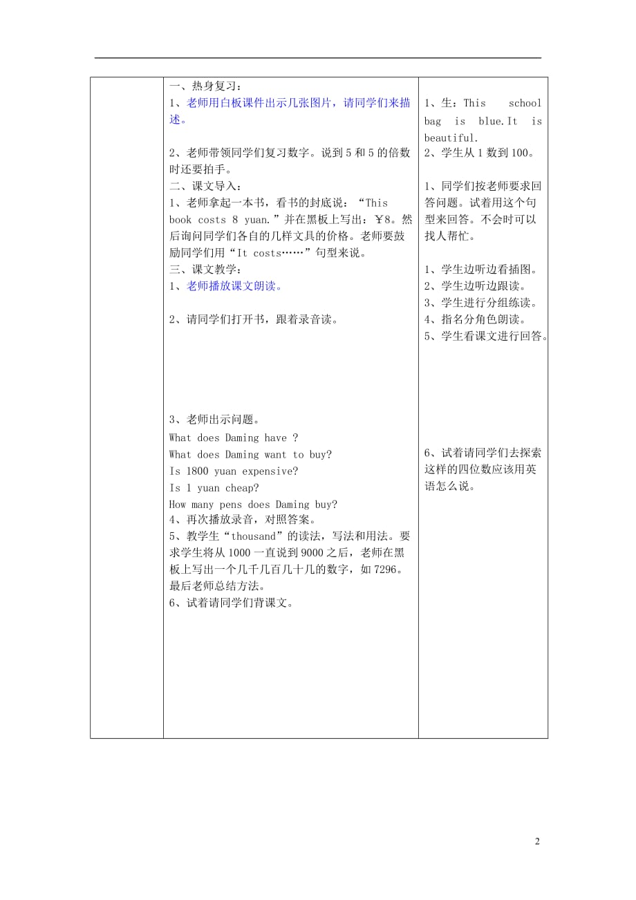 2016春四年级英语下册 module 2 unit 2《it costs one thousand eight hundred yuan》教案 外研版（一起）_第2页