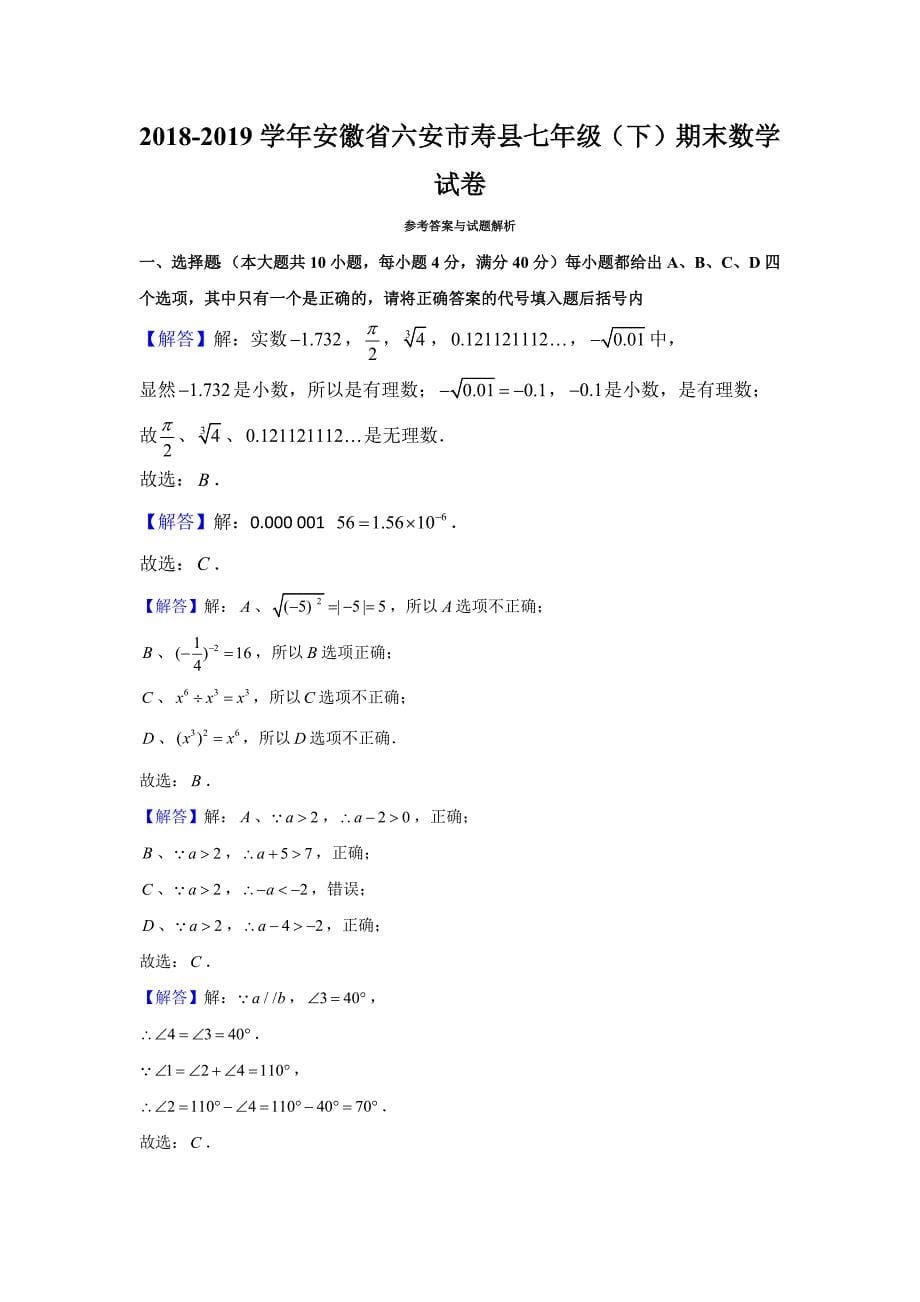 安徽省六安市寿县2018-2019学年七年级（下）期末数学试卷（解析版）_第5页