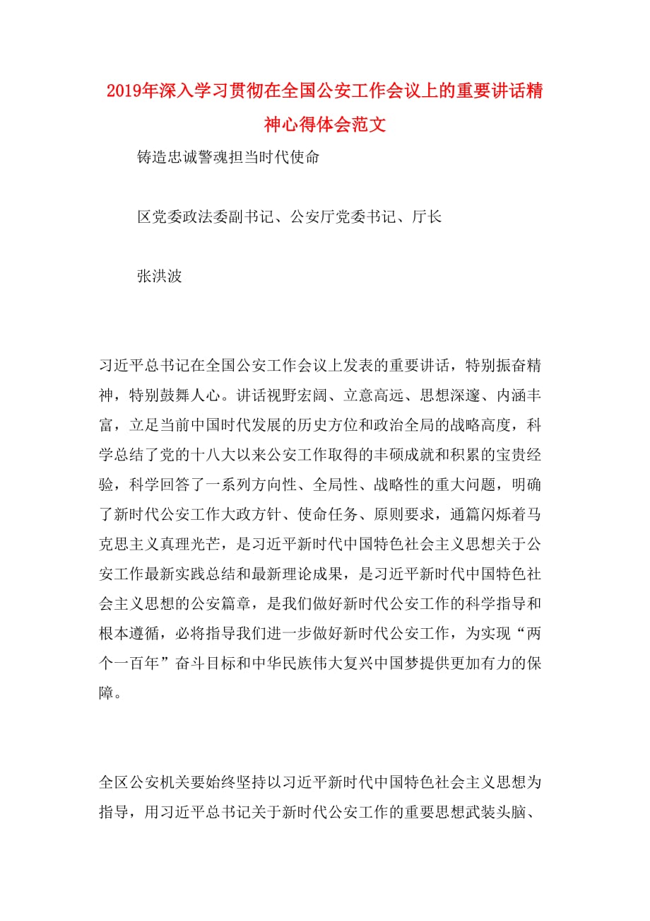 2019年深入学习贯彻在全国公安工作会议上的重要讲话精神心得体会范文_第1页