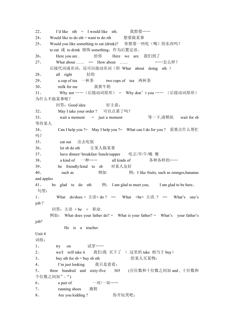 七年级上册英语重点句型_第4页