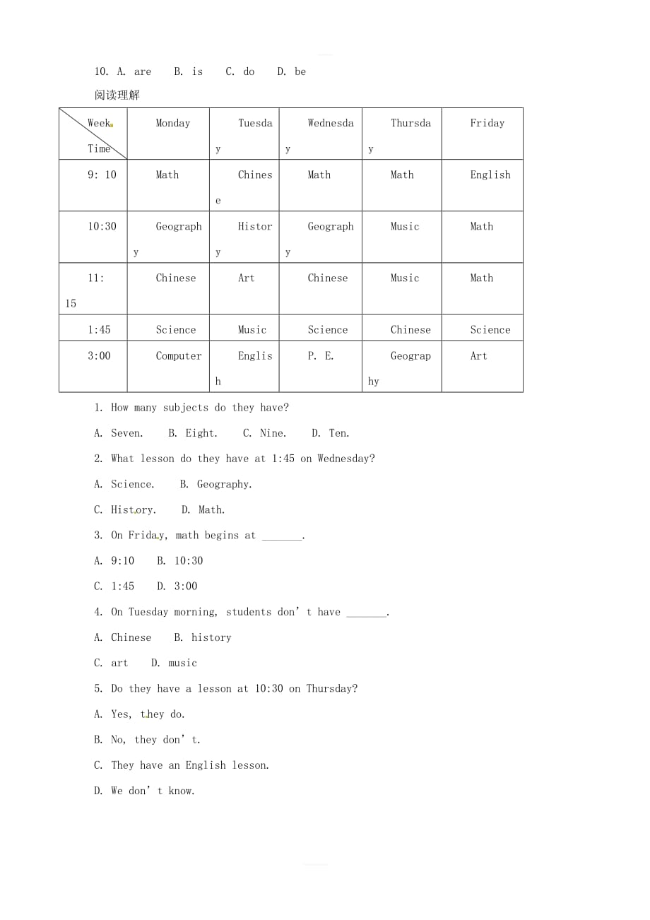 2018年秋七年级英语上册Unit9Myfavoritesubjectisscience复习同步练习（新版）人教新目标版_第3页