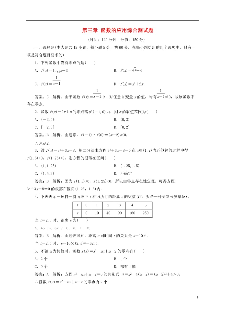 人教版高中数学必修一第三章函数的应用综合测试题(含解析)新人教A版必修1.doc_第1页