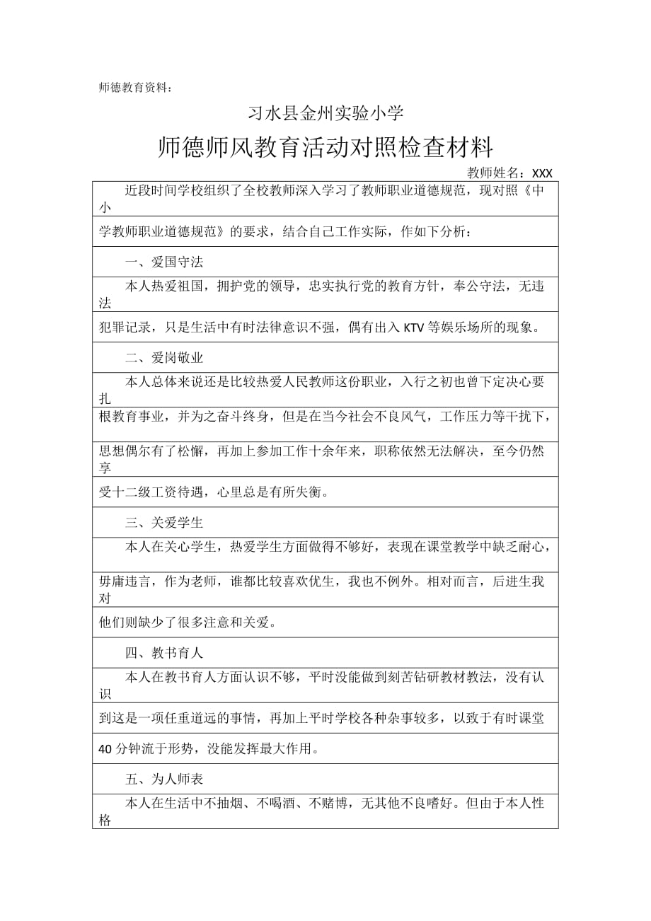 师德师风教育活动对照检查材料_第1页