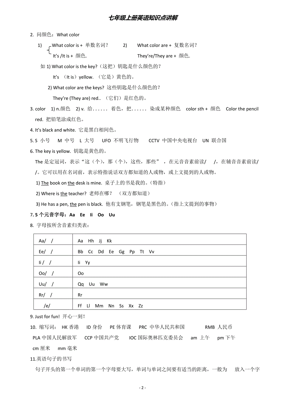 人教版英语+七年级上册各单元知识点详解1(定)_第2页