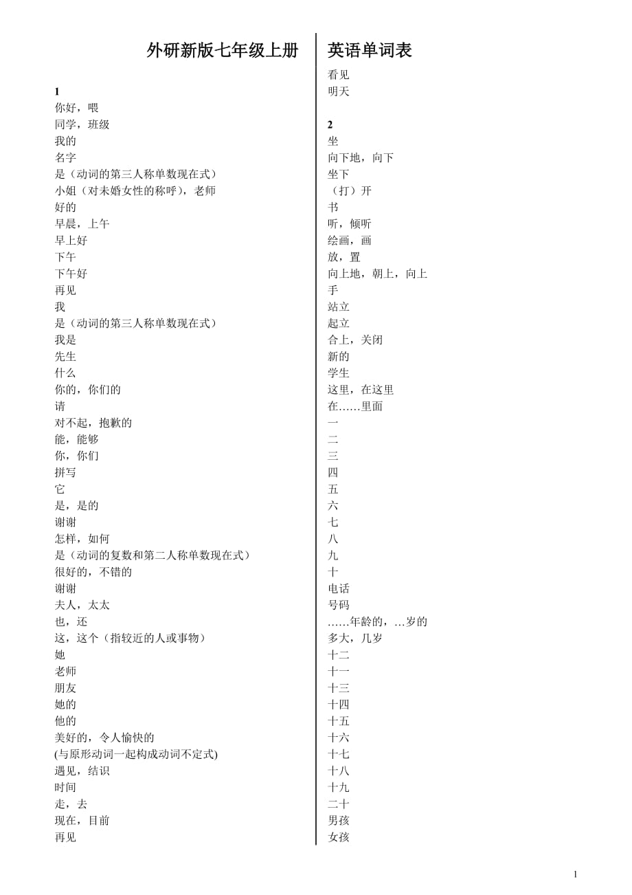 外研版七年级上册英语单词表-中文_第1页