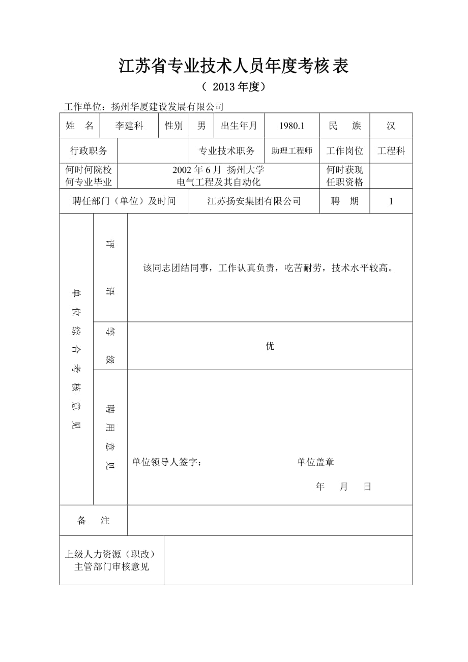 3、江苏省专业技术人员年度考核表_第1页