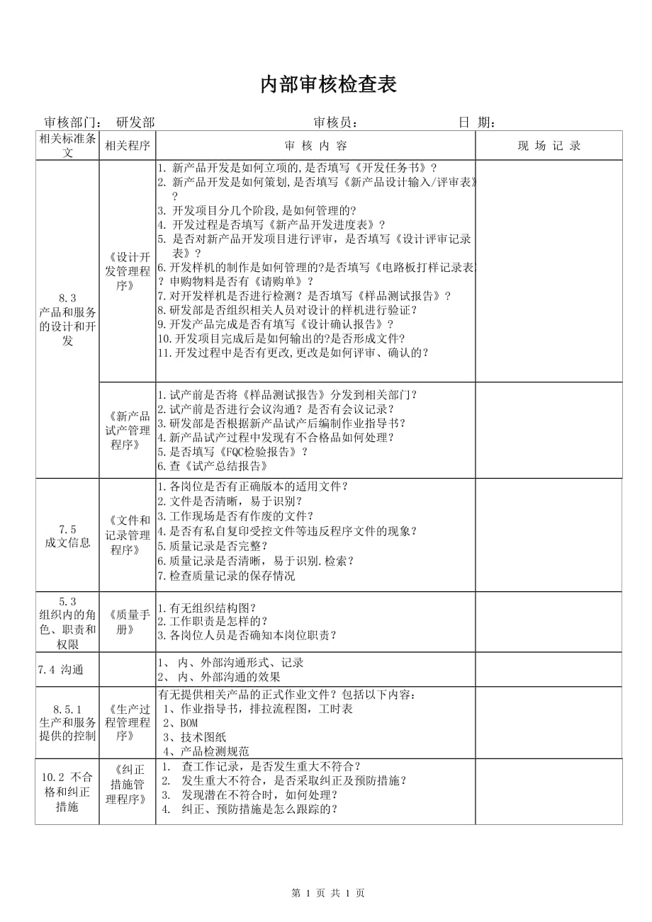 内审检查表 研发部(iso9001：2015)_第1页