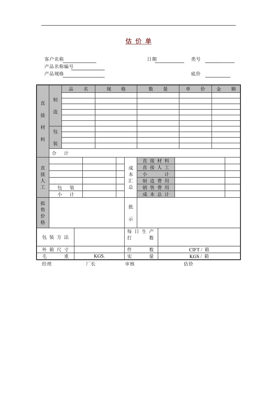 某公司成本估价单_第1页