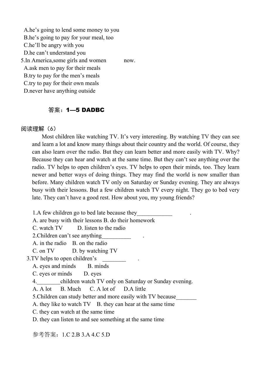 精选中考阅读理解100篇(附答案)1-20_第5页