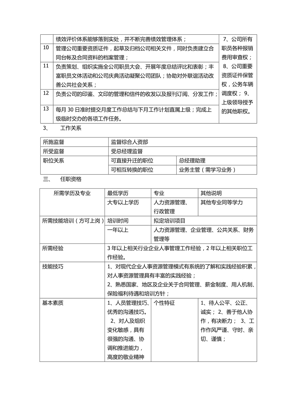 行政人事部部门职责及行政人事经理岗位说明书_第4页