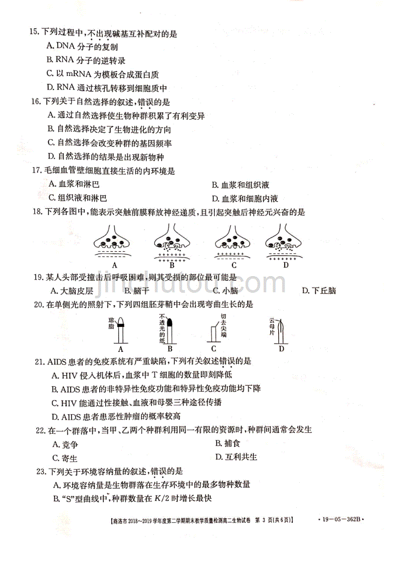 陕西省商洛市2018-2019学年度第二学期高二期末教学质量检测生物试题（PDF版）_第3页