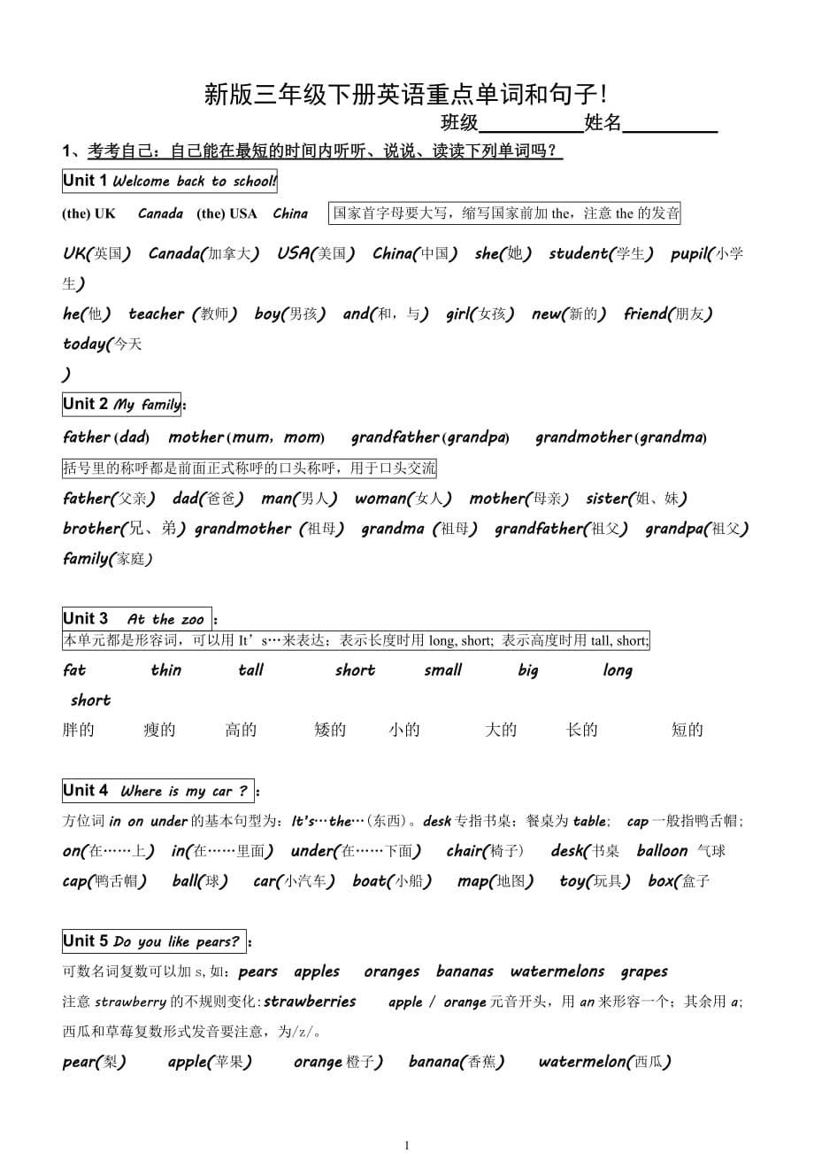 pep新人教版三年级下册英语期末复习知识点归纳_第1页