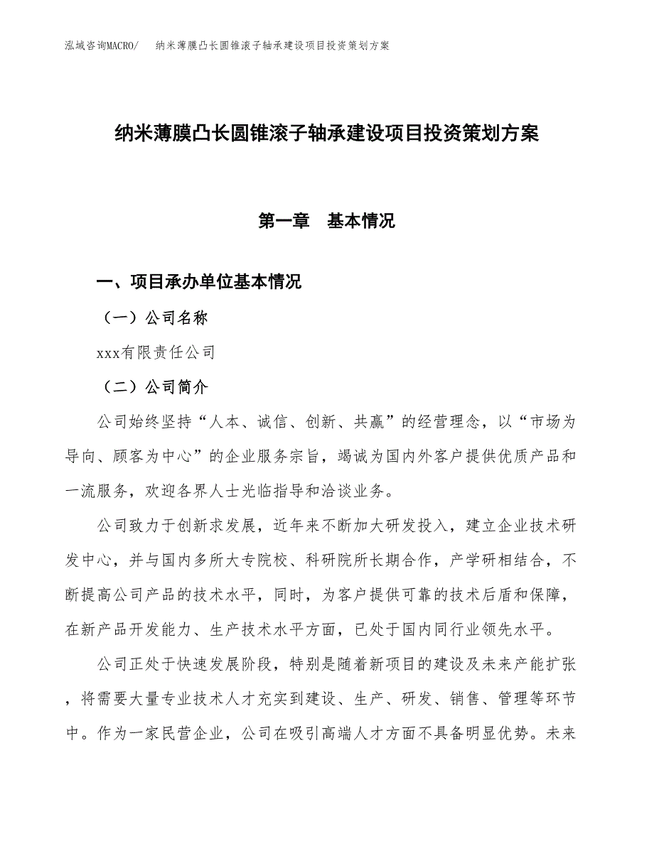 纳米薄膜凸长圆锥滚子轴承建设项目投资策划方案.docx_第1页