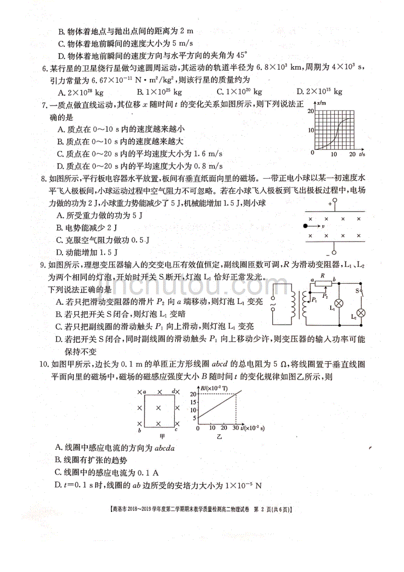 陕西省商洛市2018-2019学年第二学期高二期末教学质量检测物理试题_第2页