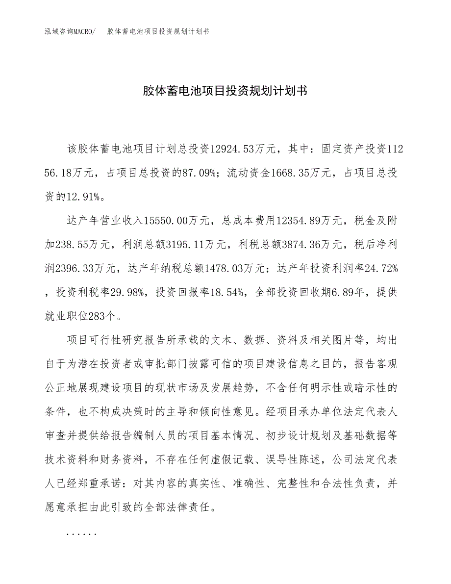 胶体蓄电池项目投资规划计划书.docx_第1页