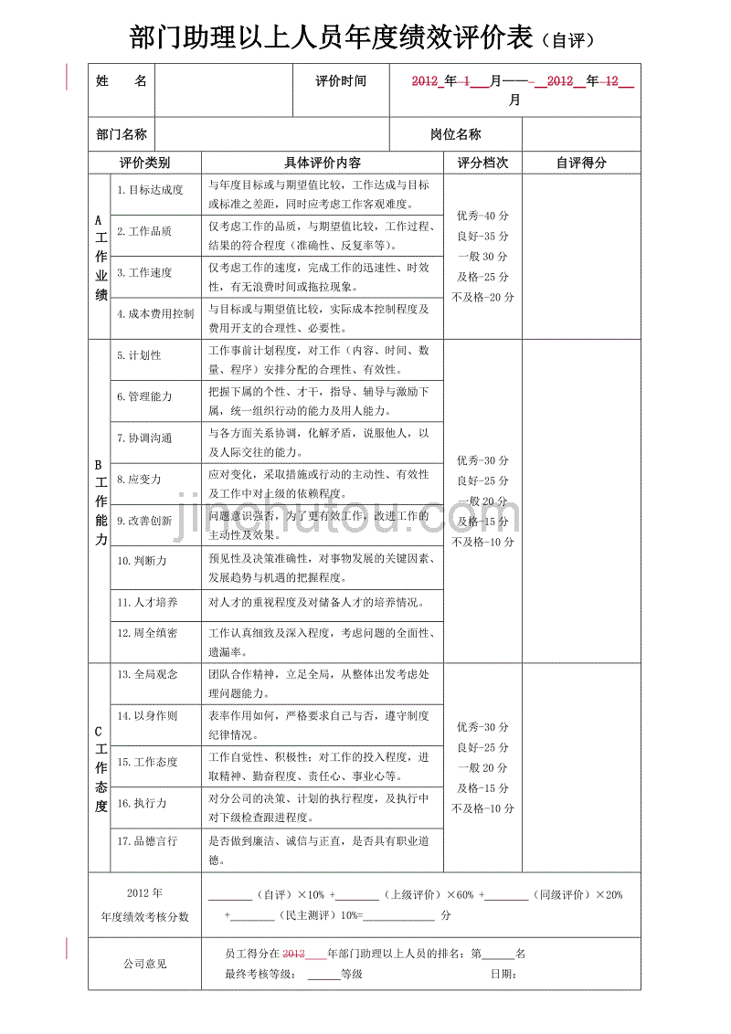 最新部门助理以上人员年度绩效评价表（自评）_第1页