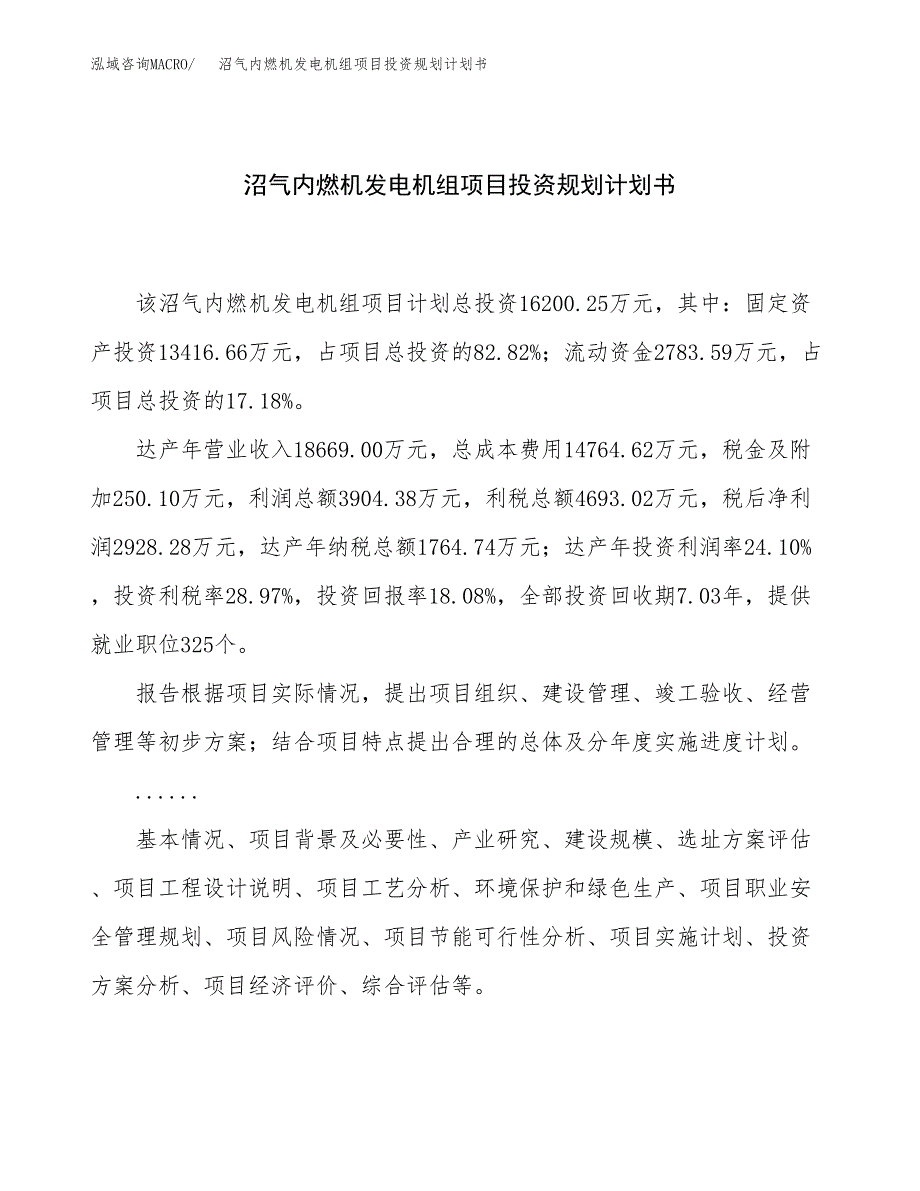 沼气内燃机发电机组项目投资规划计划书.docx_第1页