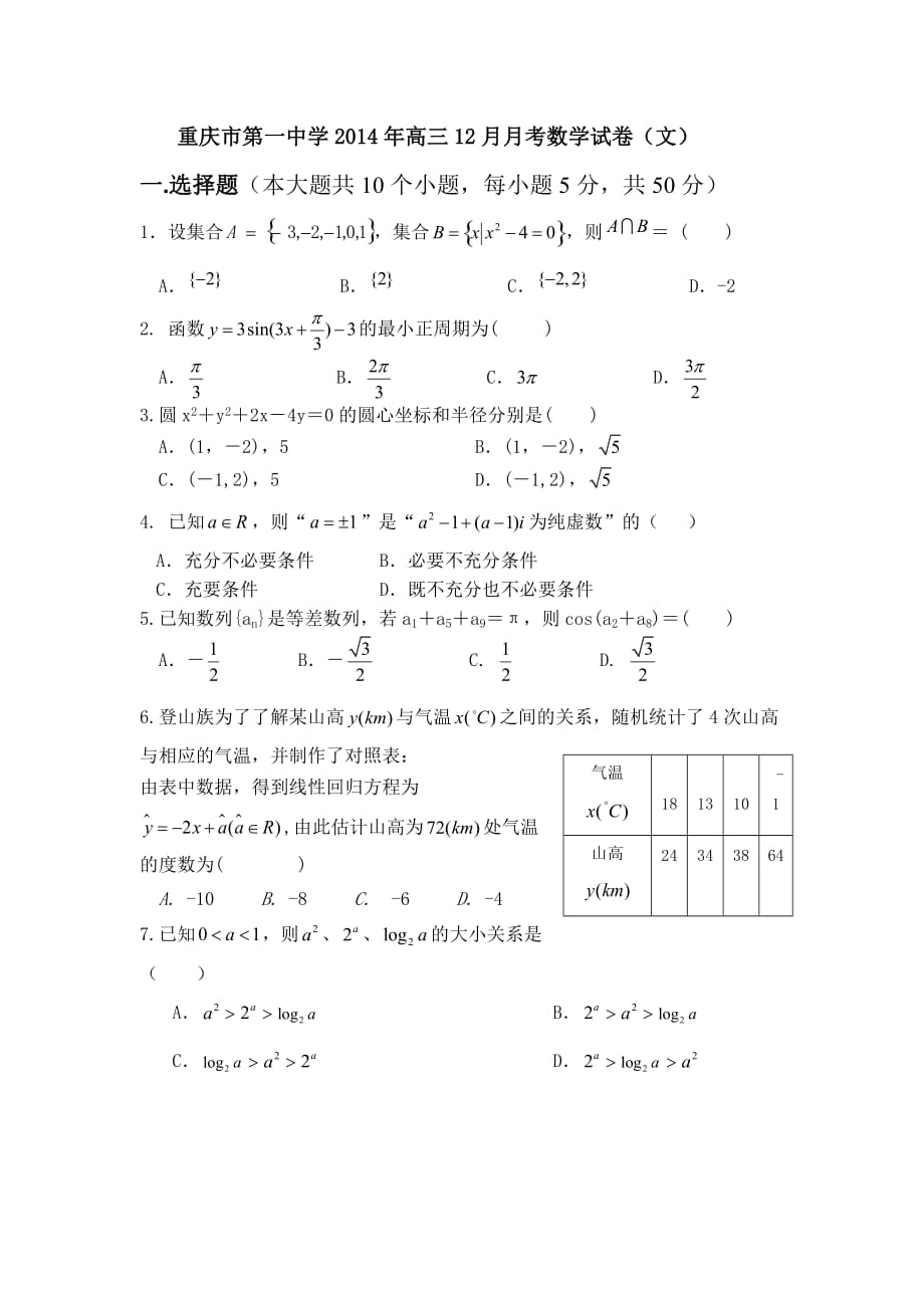 2014年高三12月月考数学试卷（文）-1_第1页