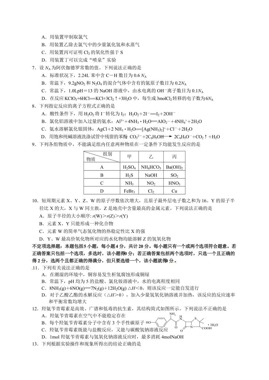 江苏省苏锡常镇四市中学2015年高三第一次模拟考试化学试卷_第2页