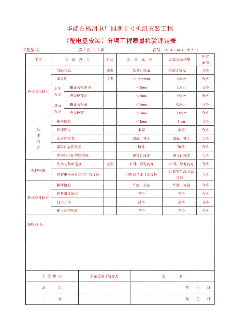 电厂安装工程分项工程质量检验评定表_第2页