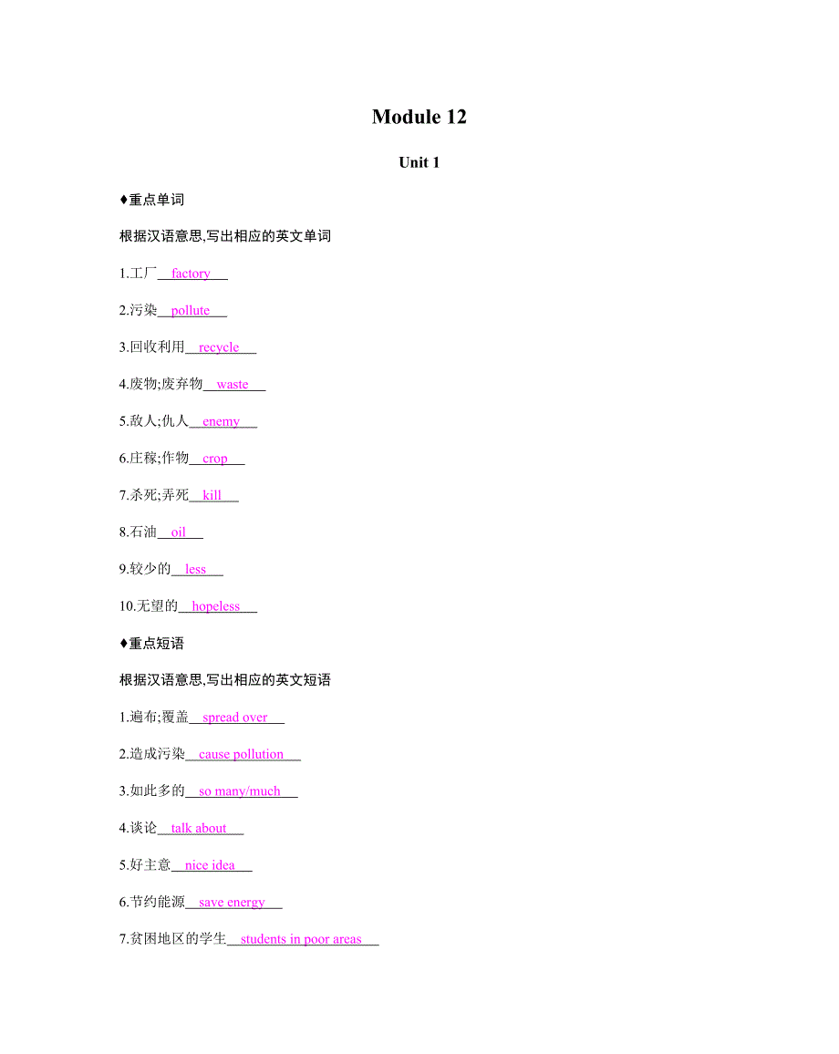 2019秋外研版九年级英语上册知识清单 Module 12_第1页