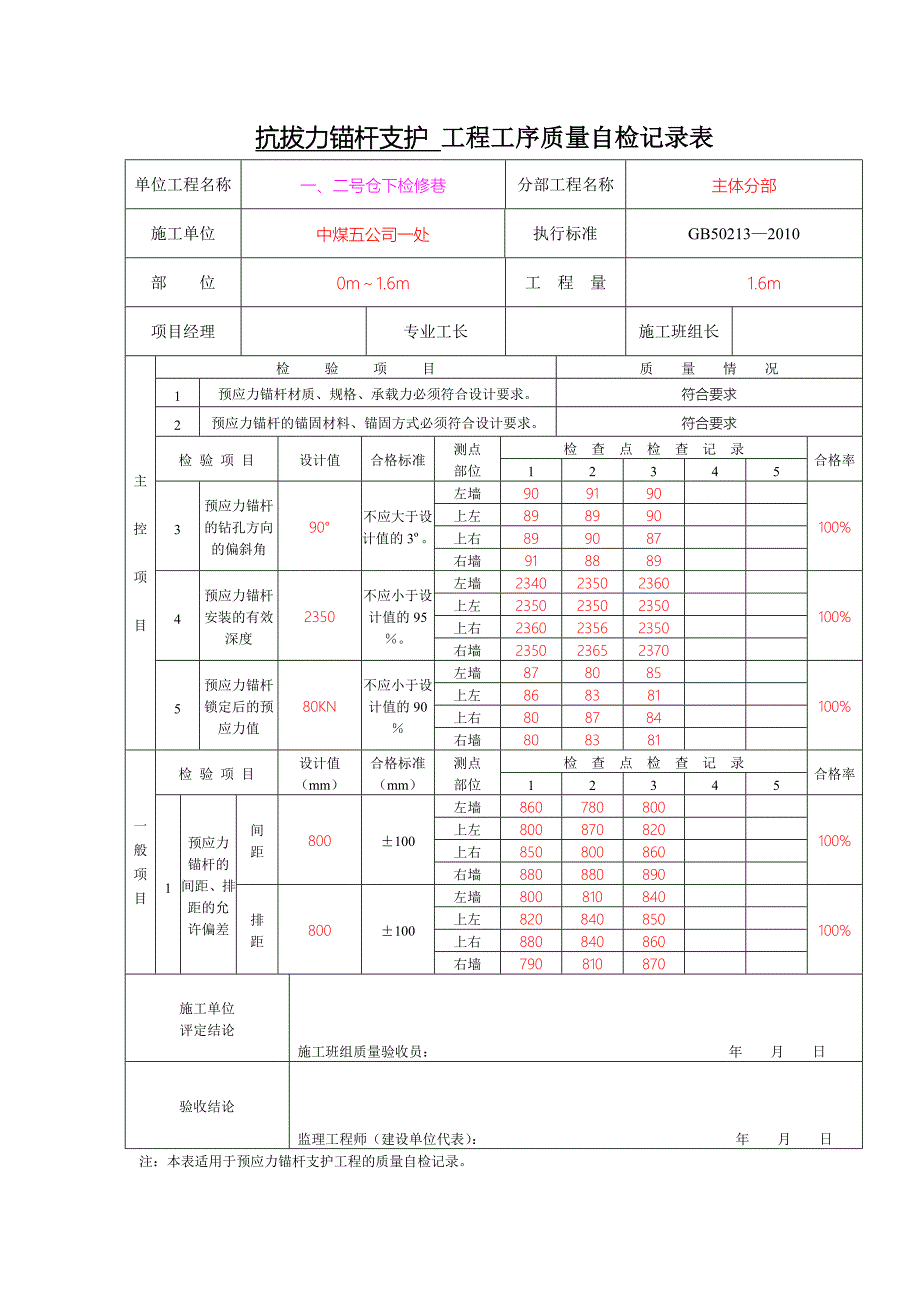 抗拔力锚杆支护工程工序质量自检记录表_第1页