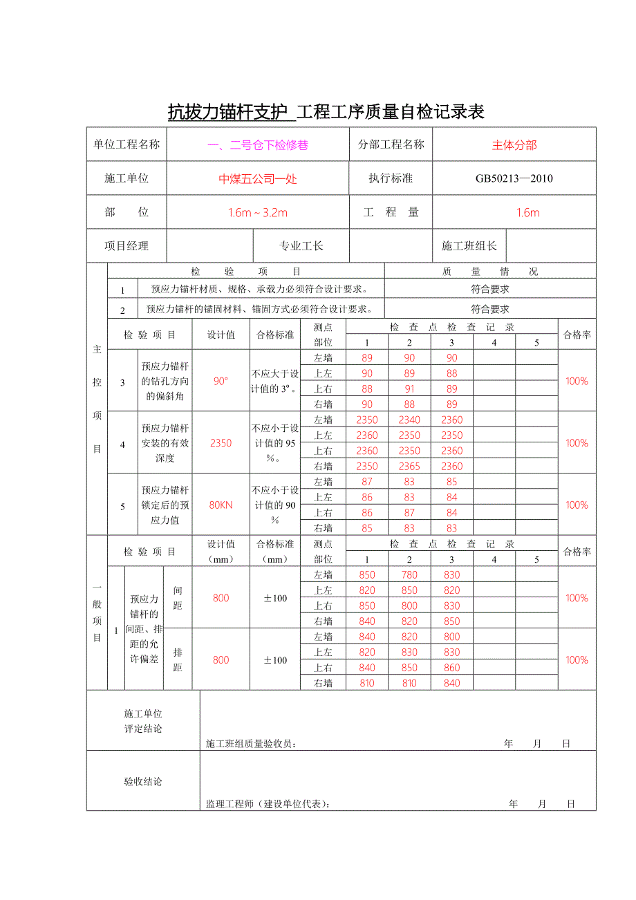 抗拔力锚杆支护工程工序质量自检记录表_第2页