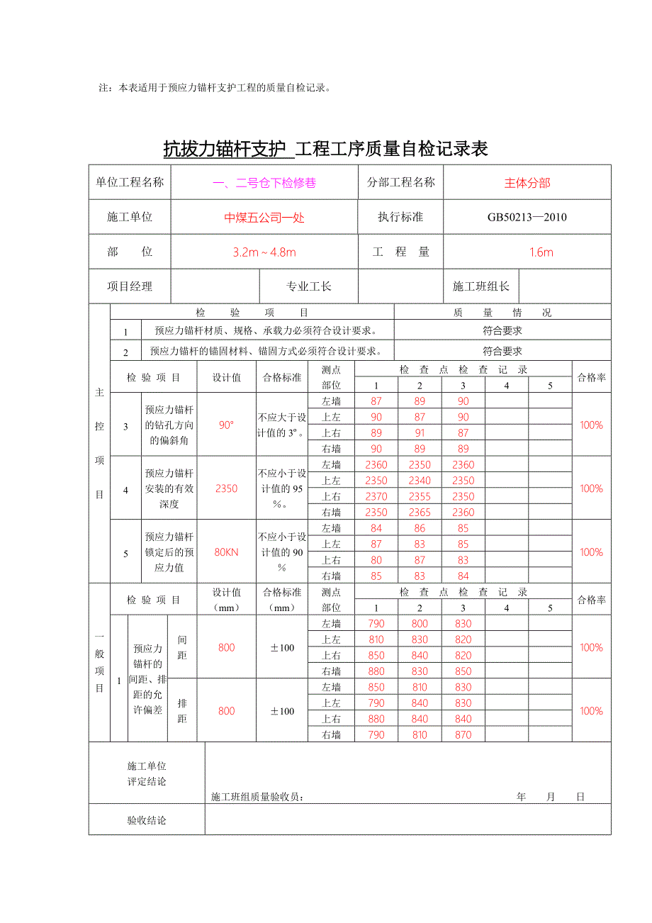 抗拔力锚杆支护工程工序质量自检记录表_第3页