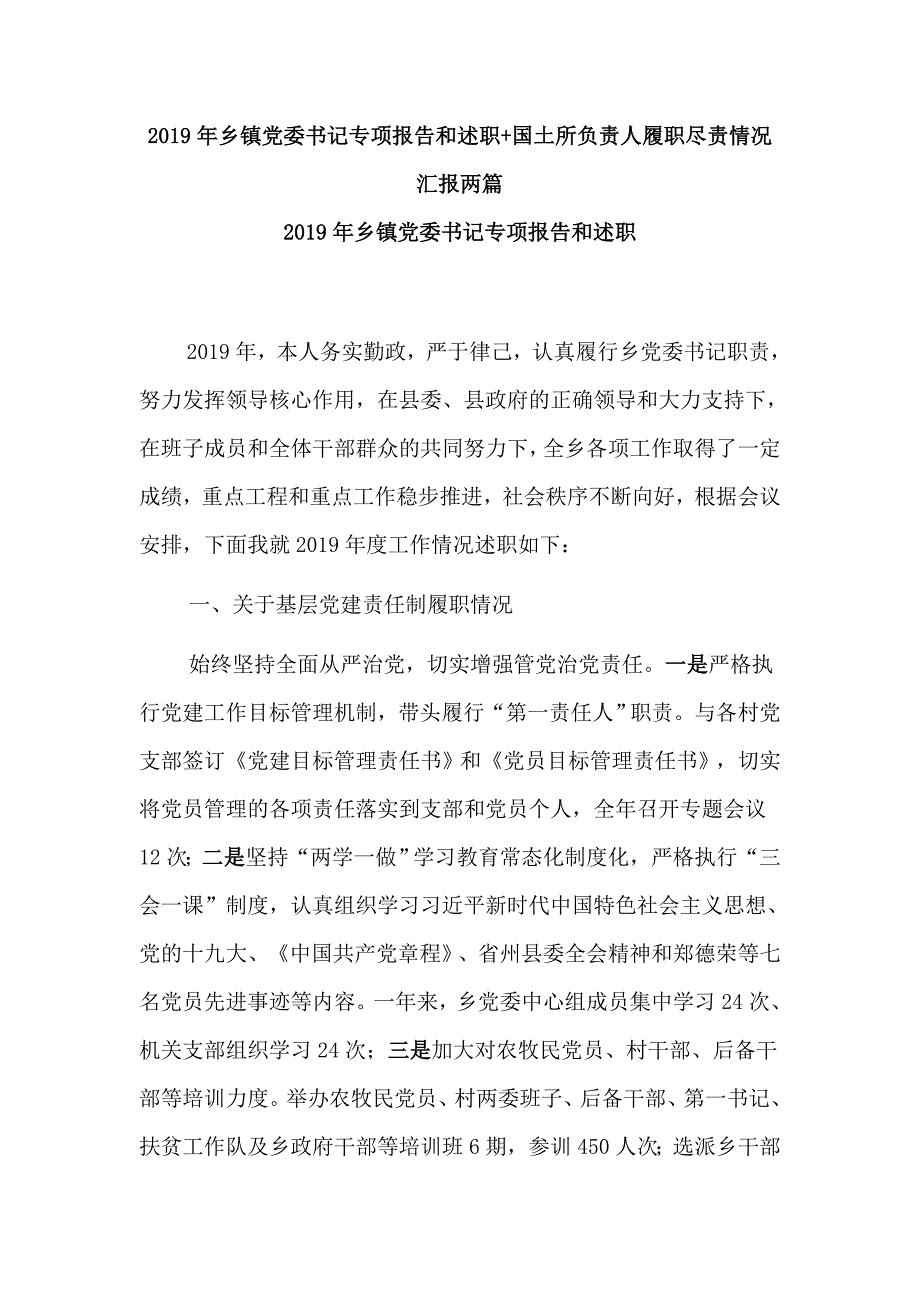 2019年乡镇党委书记专项报告和述职+国土所负责人履职尽责情况汇报两篇_第1页