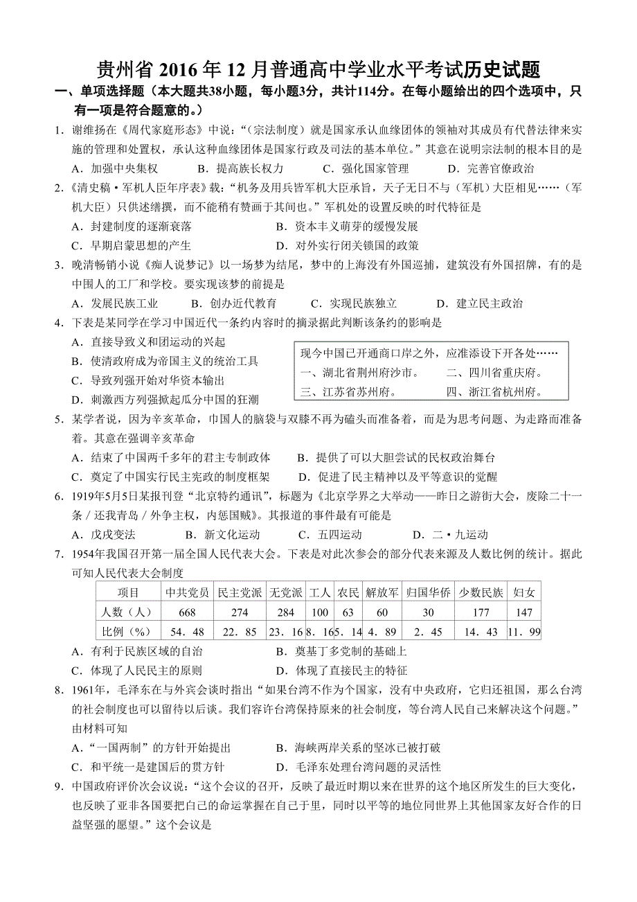 贵州2016年历史会考真题_第1页