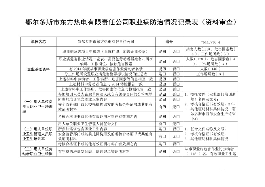 用人单位职业病防治情况记录表(原件)_第1页