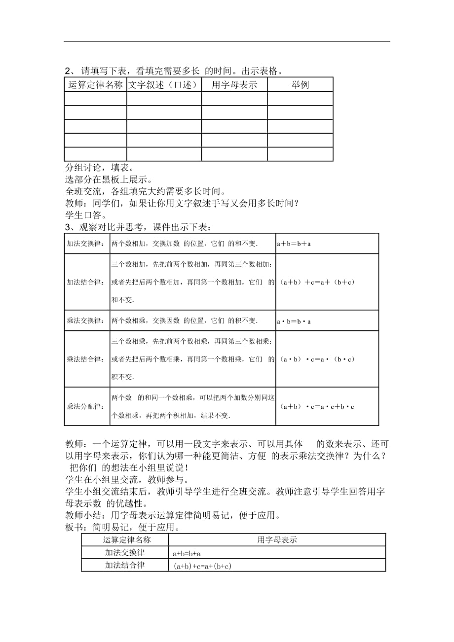 人教版五年级数学上册第四单元用字母表示运算定律教案_第2页