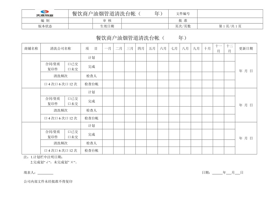 餐饮商户油烟管道清洗台帐(     年)_第1页