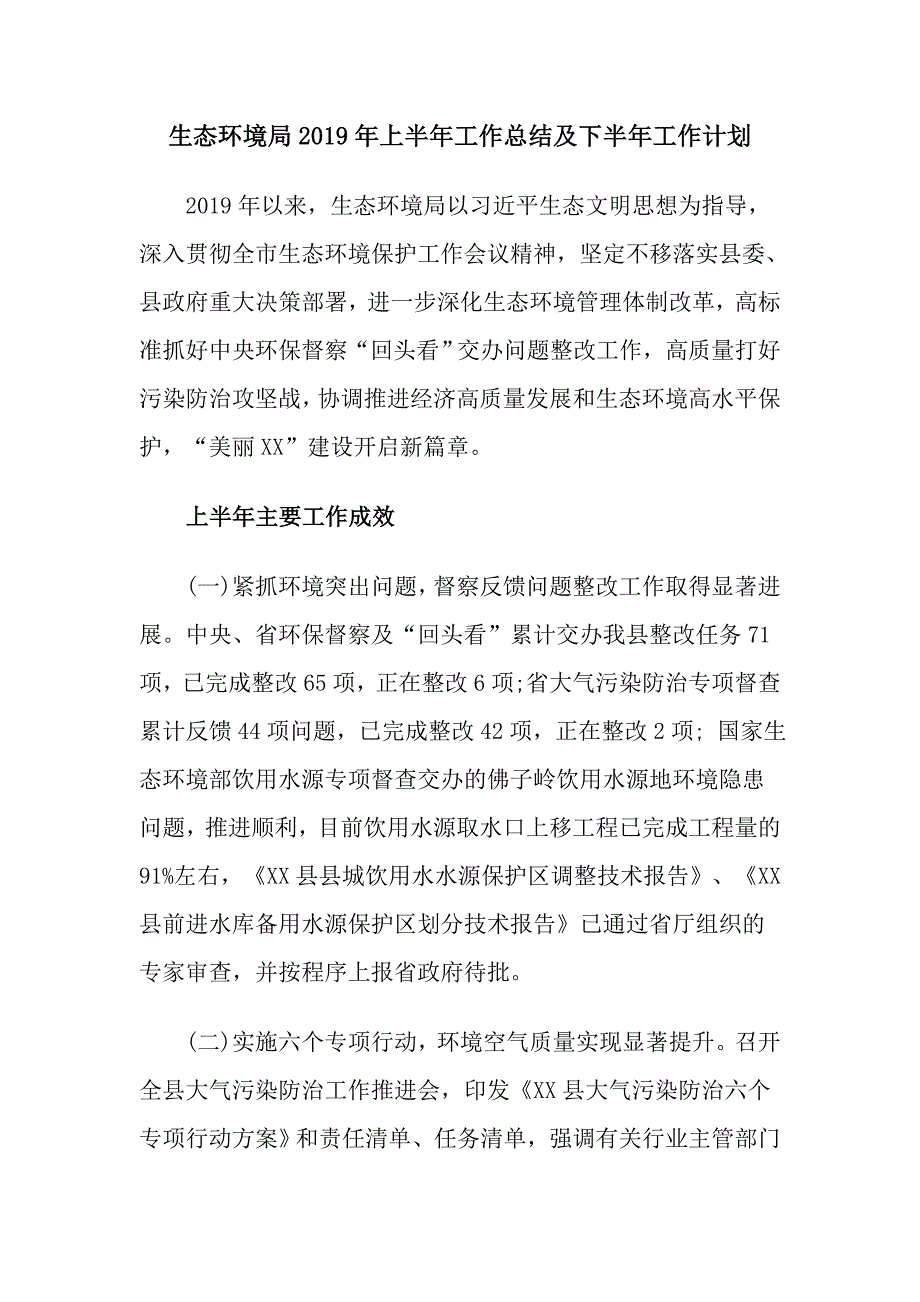 生态环境局2019年上半年工作总结及下半年工作计划_第1页